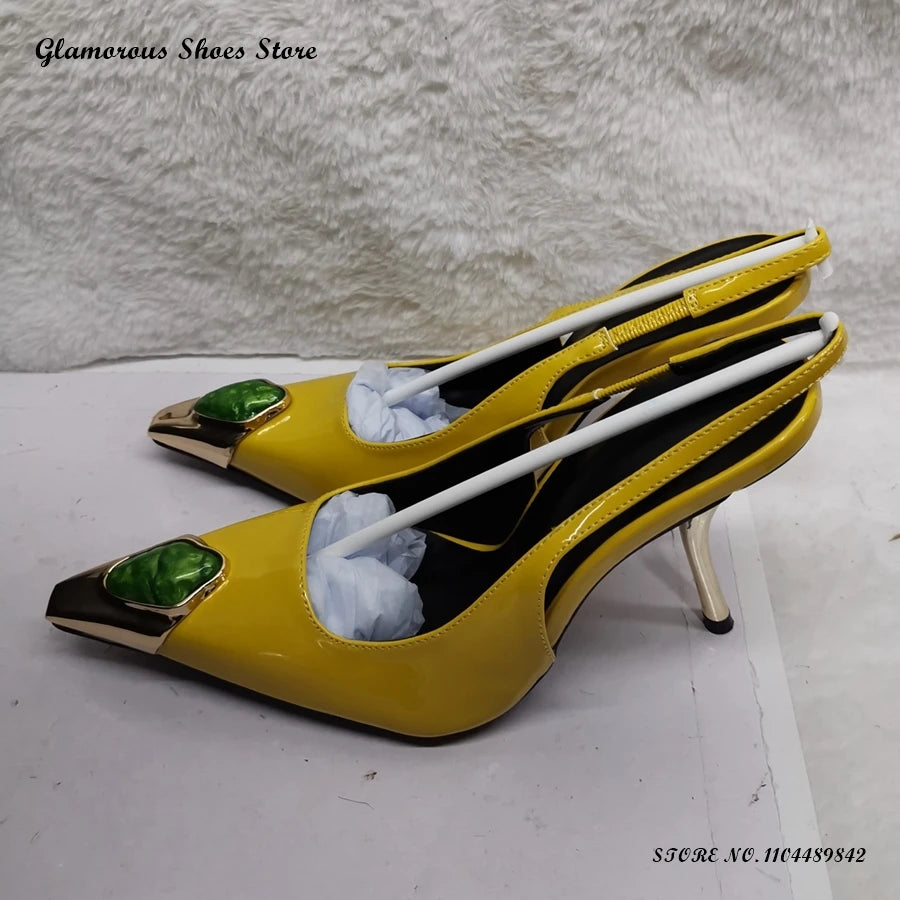 Gem Embellished Metal Toe Slinbacks Pointed Toe Thin High Heels Women's Sandals Summer Slip On Party Wedding Evening Stilettos