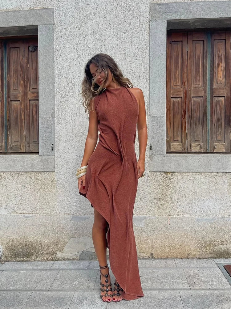 Romantic Soft Halter Maxi Dress Ruched Asymmetrical Women Dresses Anniversary Dinners Vacation Elegant Female Party Wear