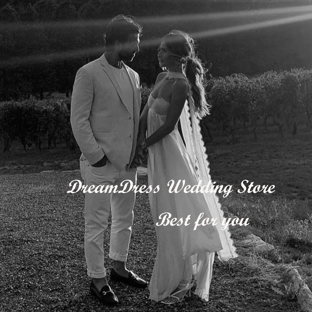 DREAM Customized A Line Strapless Scarf Sweetheart Wedding Dress For Women Sleeveless Lace Satin Modern Patchwork Bridal Gowns