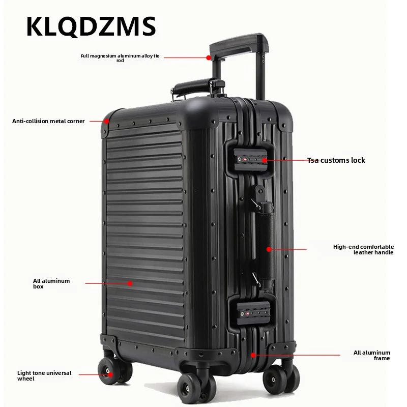 KLQDZMS Luggage Travel Bag Full Aluminum Magnesium Alloy Boarding Box Business Trolley Case 20"24 Inch Men's Rolling Suitcase