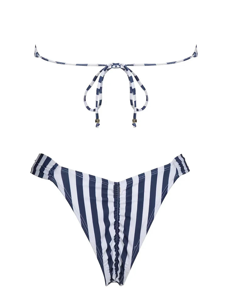 ZRTAK Sexy Bandeau Bikinis for Women Striped Swimwear Beachwear Bathing Suit Biquinis High Cut Bikini Sets Push Up Swimsuit