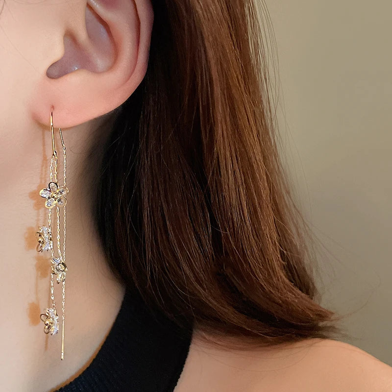 Gold Plating Wave Long Fringe Square Geometric Ear Lines for Women Flowers Butterfly Water Drop Star Temperament Dangle Earrings