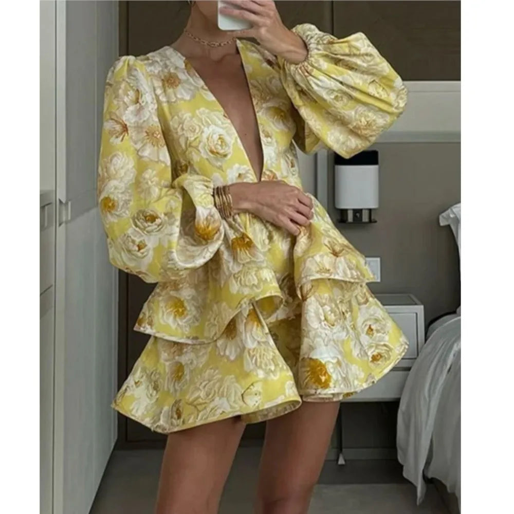 Elegant And Sexy Deep V Neck Bubble Long-sleeved Women's Dresses Fashion Printed Ruffled Patchwork Short Female Party Mini Dress