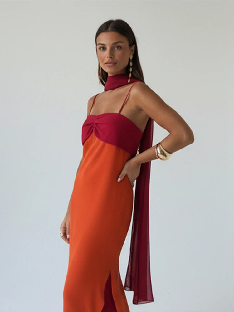 Fashion Women Color Blocking Scarf Collar Sling Dress Sexy Split Waist Cinching Bodycon Maxi Gowns 2026 Lady Club Party Vestidos