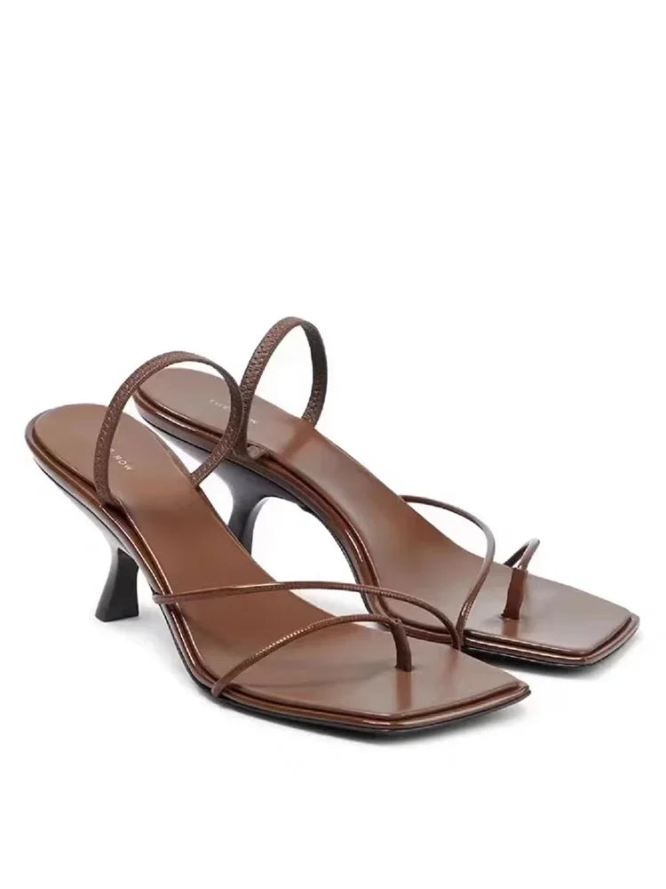 2026 New Genuine Leather Retro Square Toe Pinch Sandals Fashion High Heel Slippers Women Women's Sandals