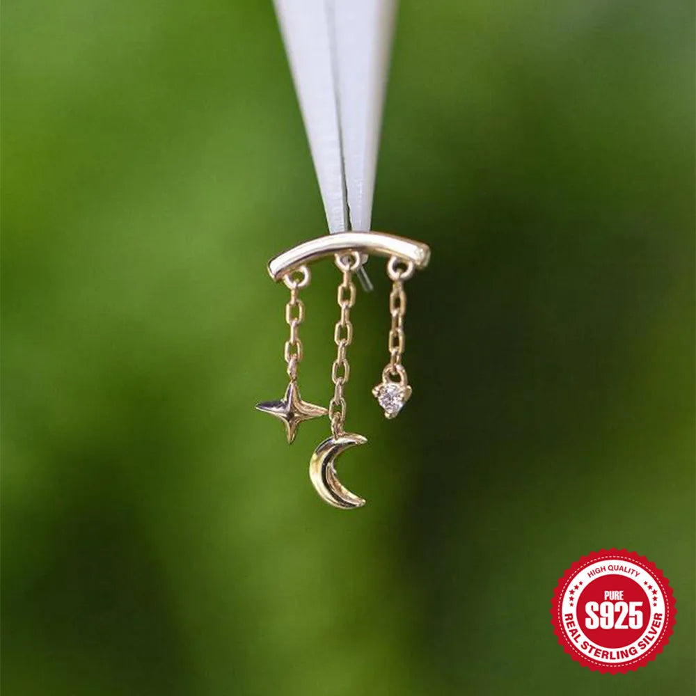 BOAKO Star Moon Chain Tassel  925 Sterling Silver Shiny For Woman Piercing Earring Fashion Dainty Luxury Style fine jewelry