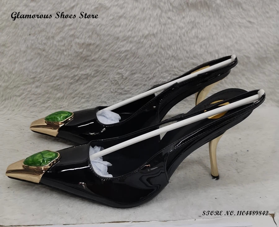 Gem Embellished Metal Toe Slinbacks Pointed Toe Thin High Heels Women's Sandals Summer Slip On Party Wedding Evening Stilettos