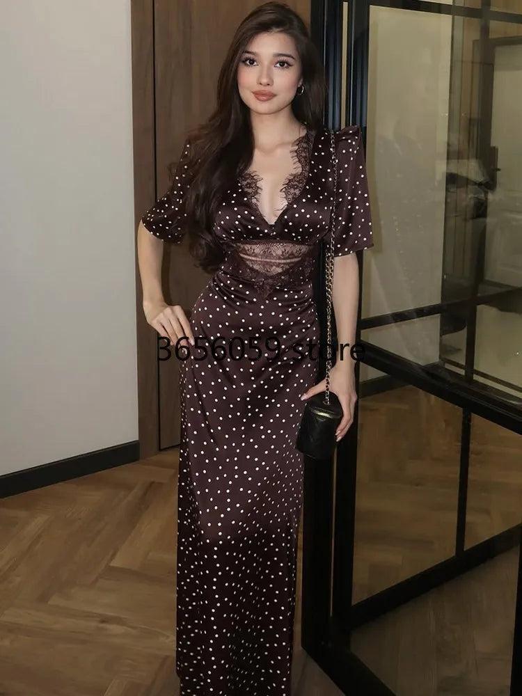 Elegant Women Brown Polka Dot Print Maxi Dress Fashion Short Sleeve Dresses Evening Ladies Street Party Vestidos 2026 Summer