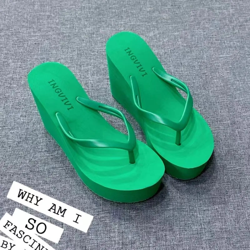 EOFK New Women Flip Flops Wedges Comfort Summer Platform Slippers Outdoor Concise Beach High Heel 9cm Casual Slides