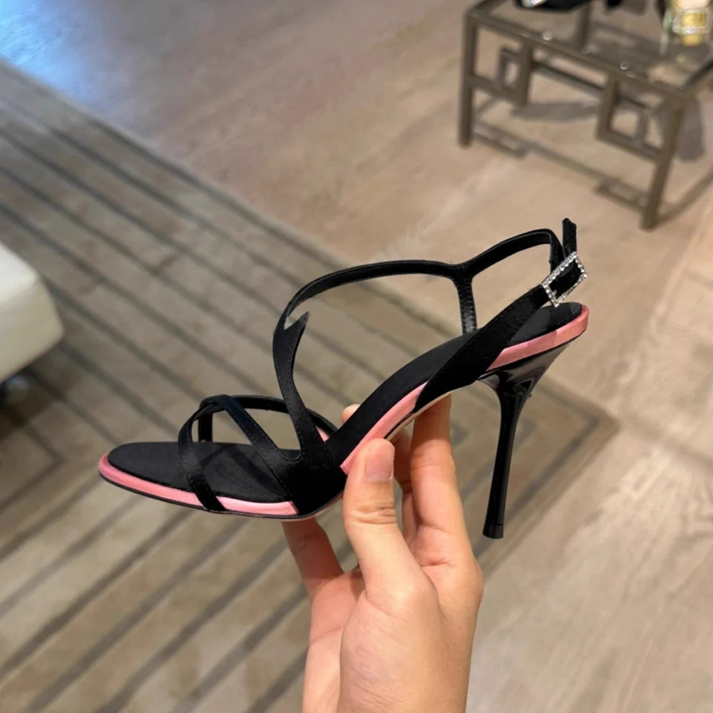 Satin Color Block Stiletto High Heels with One Belt 2026 New Summer Temperament Versatile Sandals