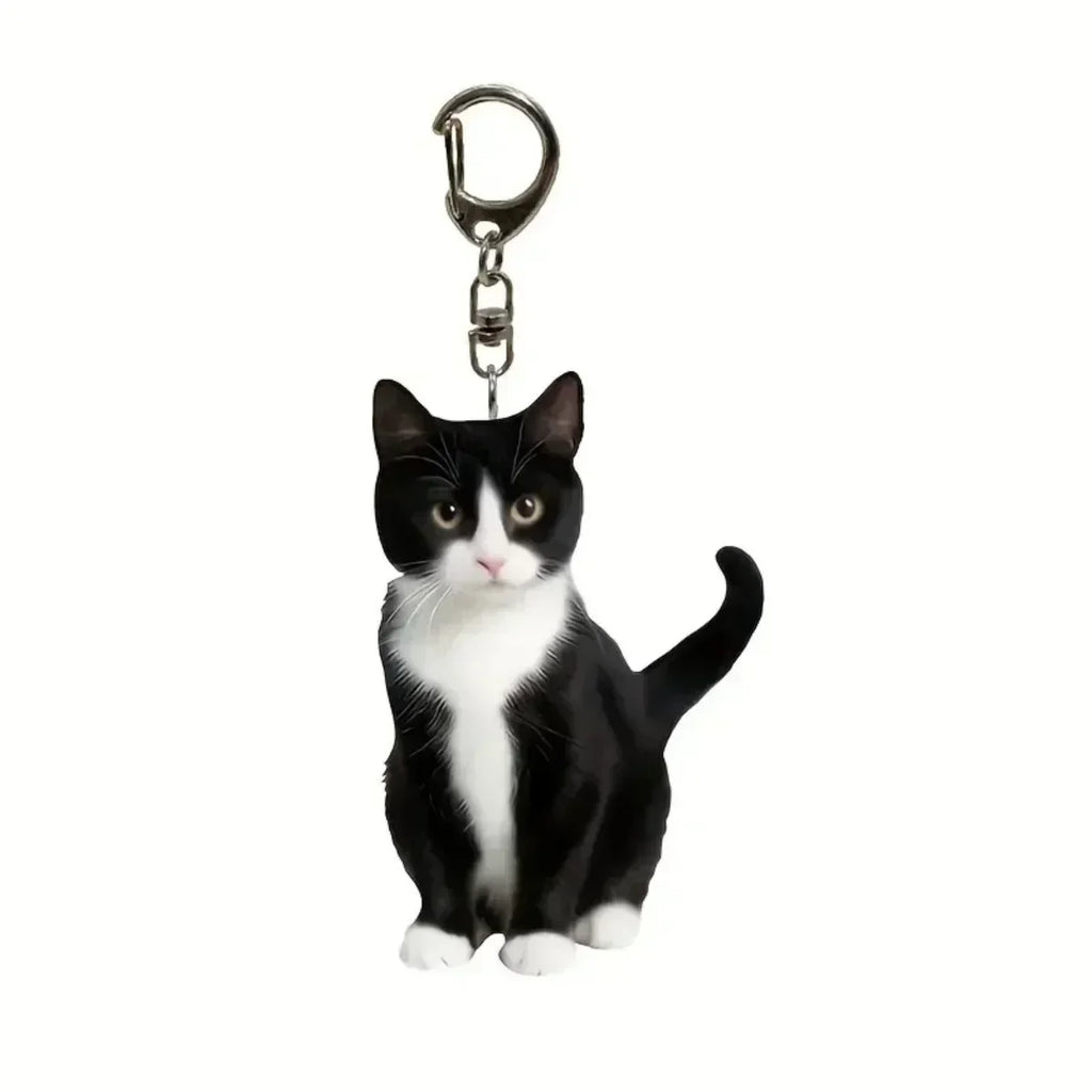 Cute Black White Cat Keychain 2D Acrylic Double-Sided Design Animal Pendant Charm for Backpacks Kids Gifts