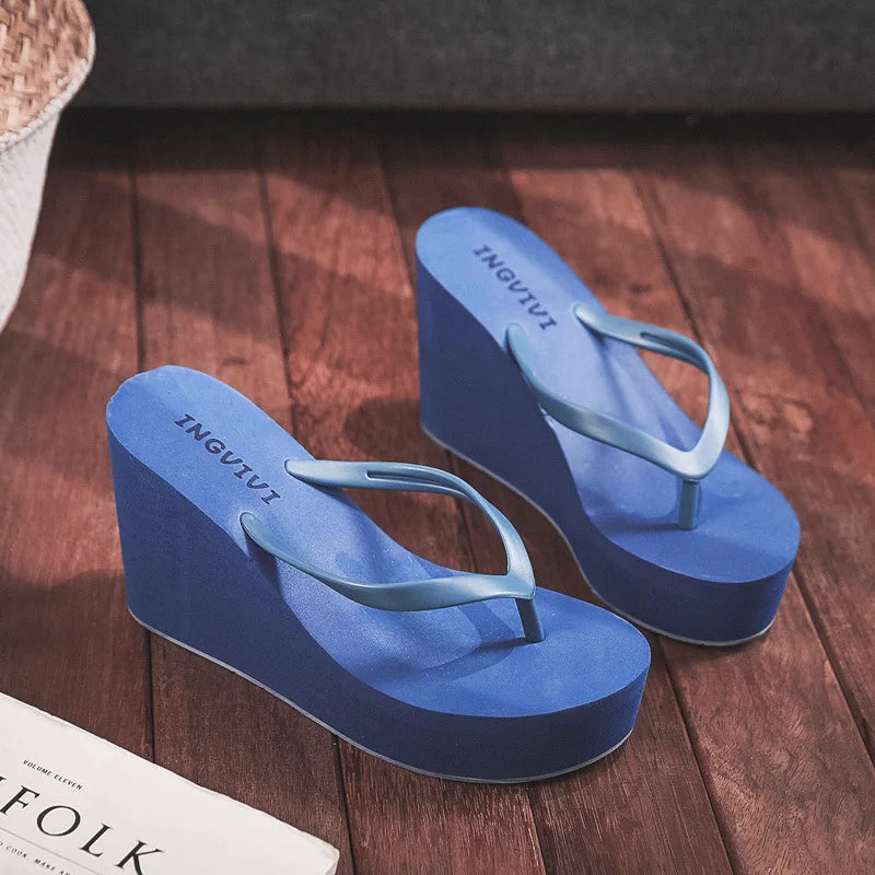 EOFK New Women Flip Flops Wedges Comfort Summer Platform Slippers Outdoor Concise Beach High Heel 9cm Casual Slides