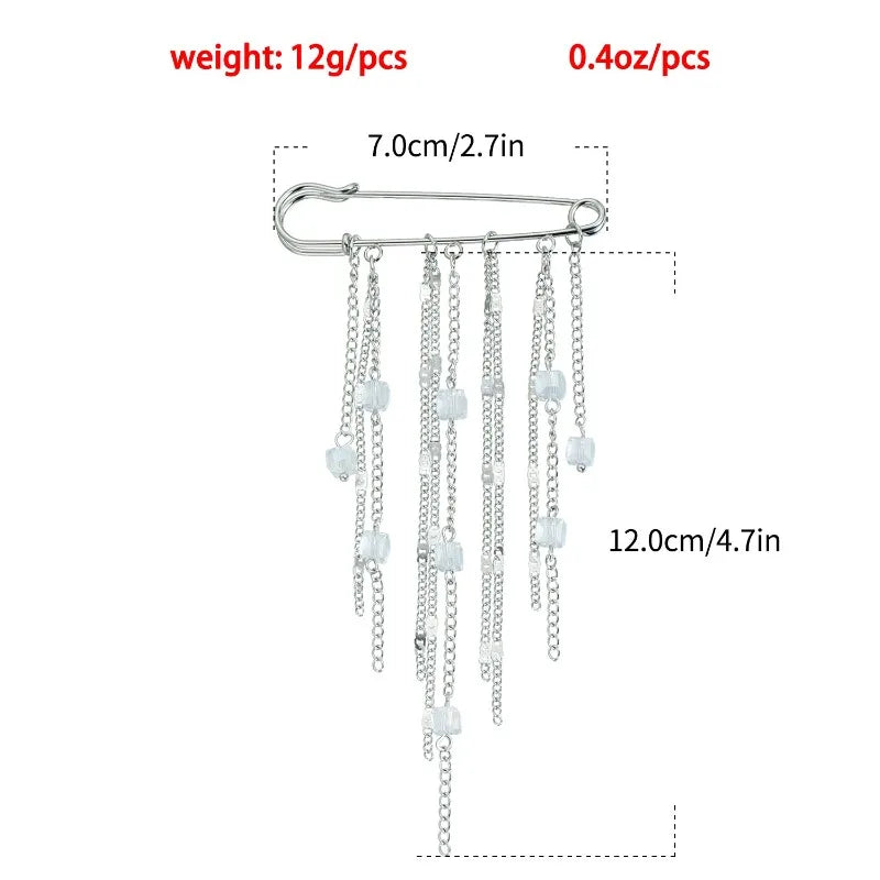 Black Crystal Tassel Brooch Metal Chain Pendant Tassel Brooch for Women Personality Charm Clothes Bag Pins Jewelry Accessories