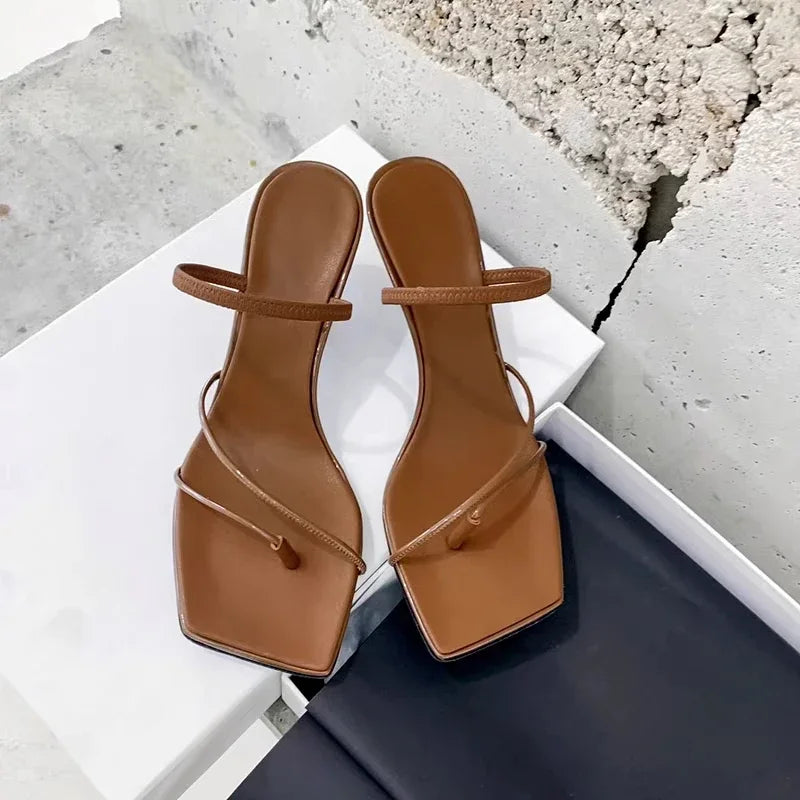 2026 New Genuine Leather Retro Square Toe Pinch Sandals Fashion High Heel Slippers Women Women's Sandals