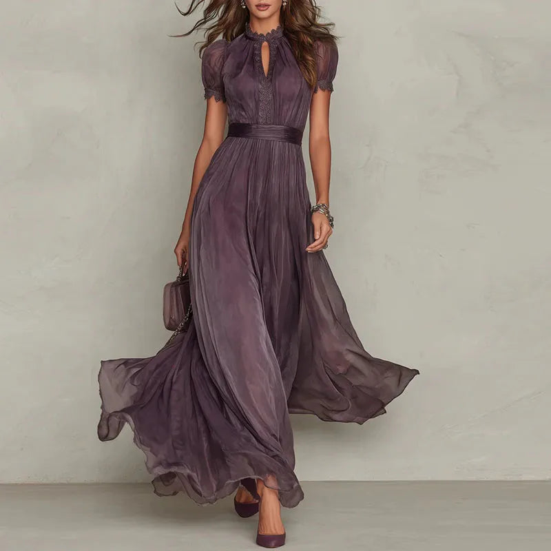 Spring Vintage Solid Lace A-Line Long Dress Women's O Neck High Waist Pleated Party Dress Summer Short Sleeve Flowy Maxi Dresses