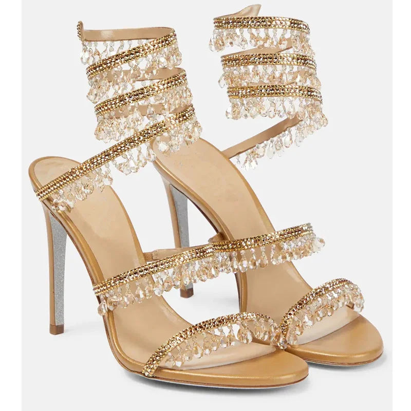 Crystal Wrap Sandals Women Summer 2026 Wedding Shoes High Heel Party Shoes Ankle Strappy Sandals Designer Stiletto Heel Shoes