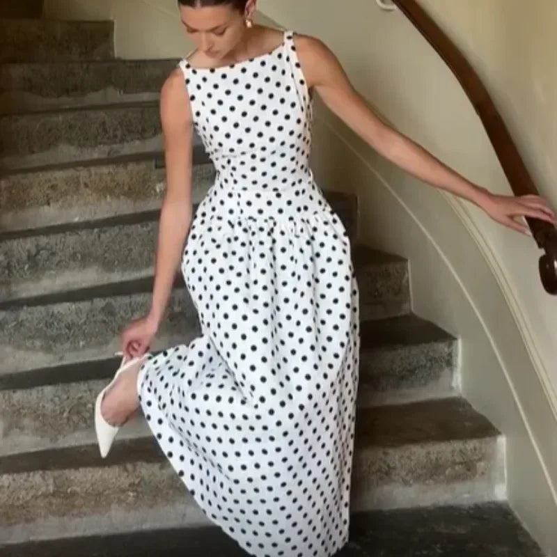 Elegant Solid Polka Dot Pleated Slim Vestido Women Chic Sleeveless Off Shoulder Round Neck Maxi Dresses Summer Dinner Party Wear