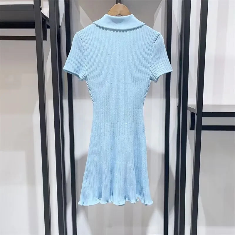 2024 Spring New Arrive Knitted Women Sequins Mini Dress Short Sleeve Turn Down Collor Ruffles Hem Lady Dress