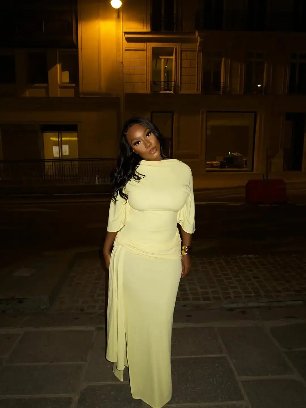 Women Fashion Yellow Backless Slit Dress Half Sleeved Waist Cinched Pleated Lace Up Dresses Lady Evening Party Robe 2026 Spring
