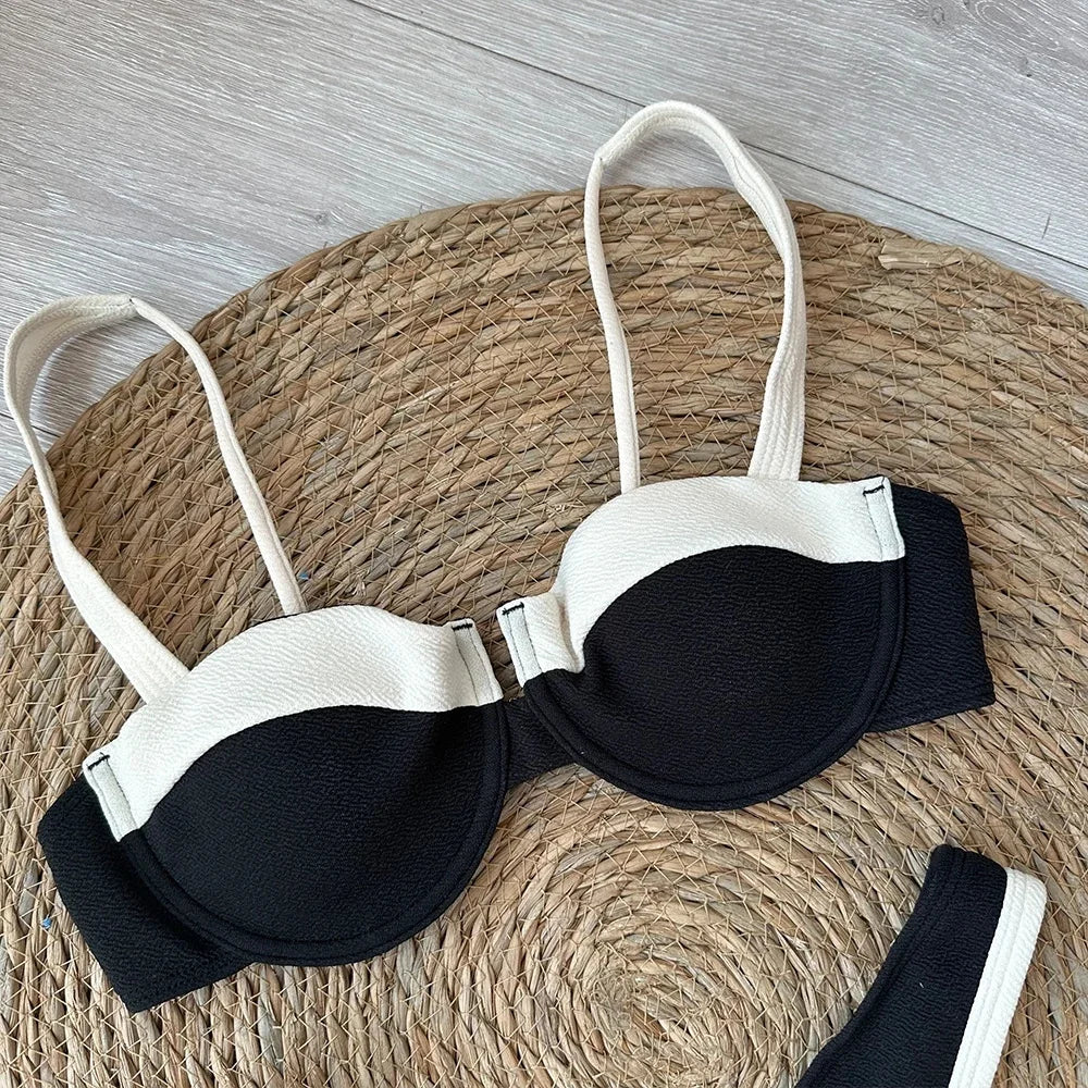 2025 Solid Thong Brazilian Bikinis Swimwear Women Swimsuit  Black White Bikini Set Bathing Suit Female Summer Beach Wear Biquini