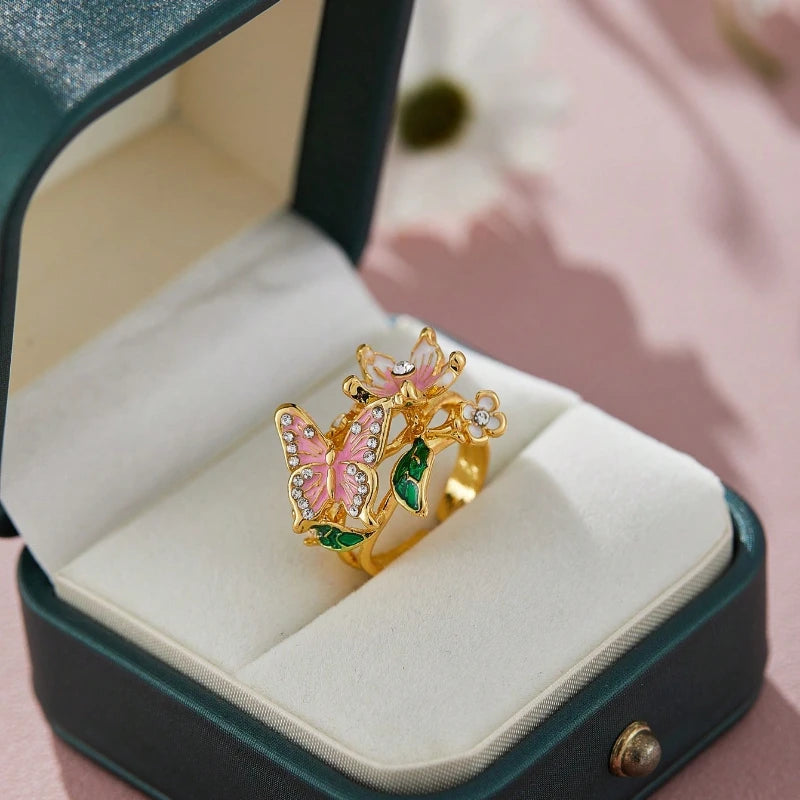 Aesthetic Flower Butterfly Rings for Female Romantic Rhinestone Stylish Non-fading Opening Ring Women Wedding Jewelry Party Gift