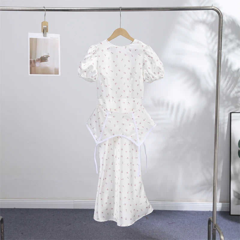 2026 Spring Summer Print Women Dress Sexy 3d Flower Button V-neck Pleated Hip Package Long Sleeve Dresses Party Lady Robe New