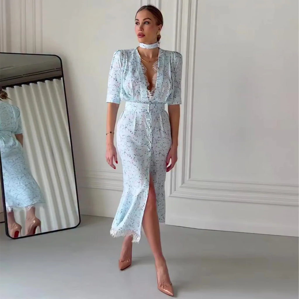 Elegant Lace Trimmed Printed Dress Women Chic Deep V-neck Waist Cinching Split Short Sleeve Maxi Dress Lady Party Vestidos 2026