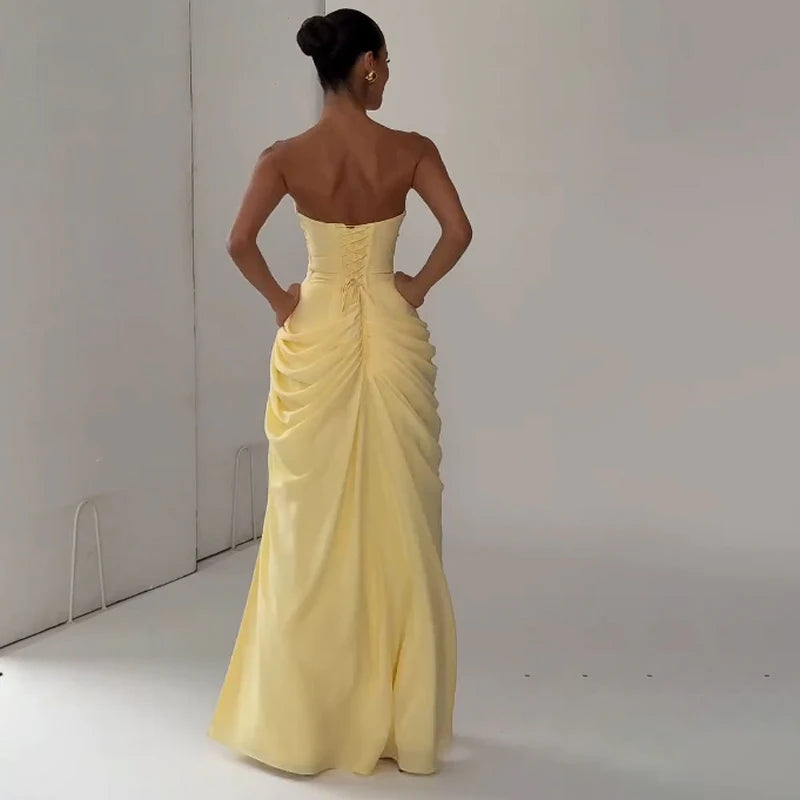 Women Yellow Low Cut Backless High Waisted Dress Lace Up Sleeveless Waist Cincher Spaghetti Strap Vestidos Party Club Women Robe