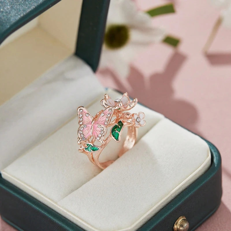 Aesthetic Flower Butterfly Rings for Female Romantic Rhinestone Stylish Non-fading Opening Ring Women Wedding Jewelry Party Gift
