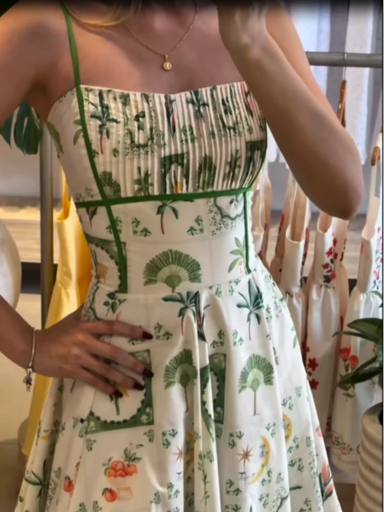Women Chic Printed Gathered Large Swing Dress Sexy Sleeveless High Waist Slim Fit Sling Dresses 2026 New Lady Party Club Gowns