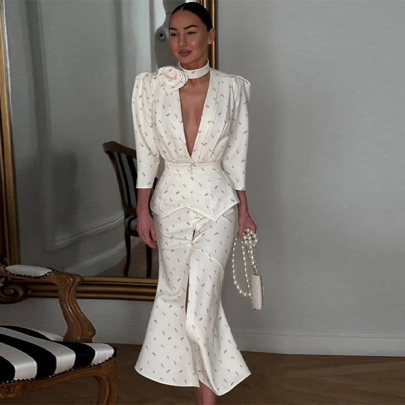 2026 Spring Summer Print Women Dress Sexy 3d Flower Button V-neck Pleated Hip Package Long Sleeve Dresses Party Lady Robe New