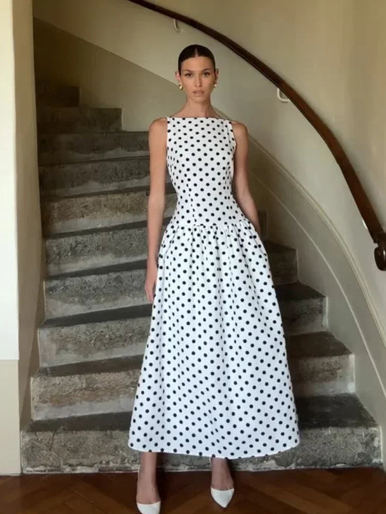 Elegant Solid Polka Dot Pleated Slim Vestido Women Chic Sleeveless Off Shoulder Round Neck Maxi Dresses Summer Dinner Party Wear