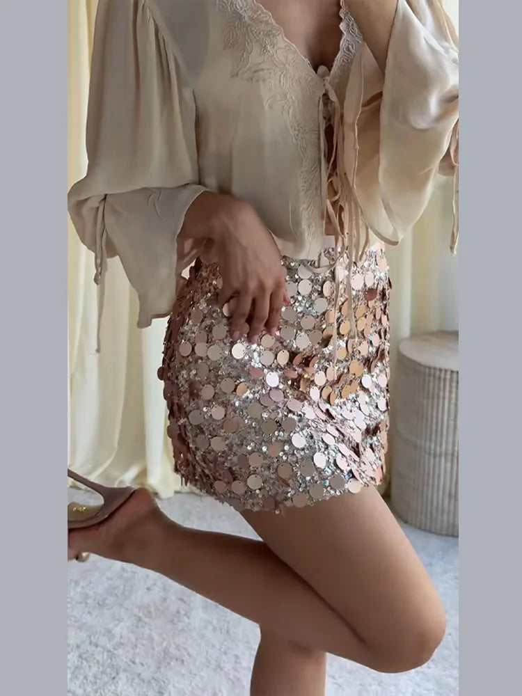 Mini Sequin Skirt Women's Skirts Iridescent Oversized Disc Sequins High-Waisted Fit Beach Vacation Outfit Woman Clothes