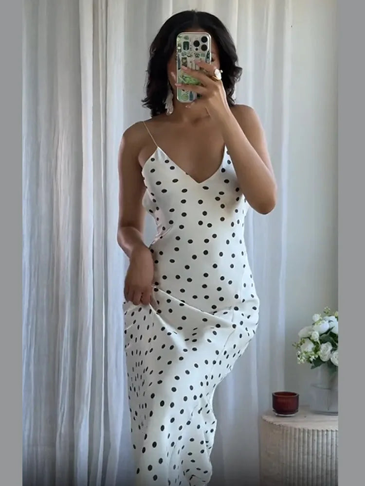 Elegant Solid Polka Dot Pleated Slim Vestido Women Chic Sleeveless Off Shoulder Round Neck Maxi Dresses Summer Dinner Party Wear