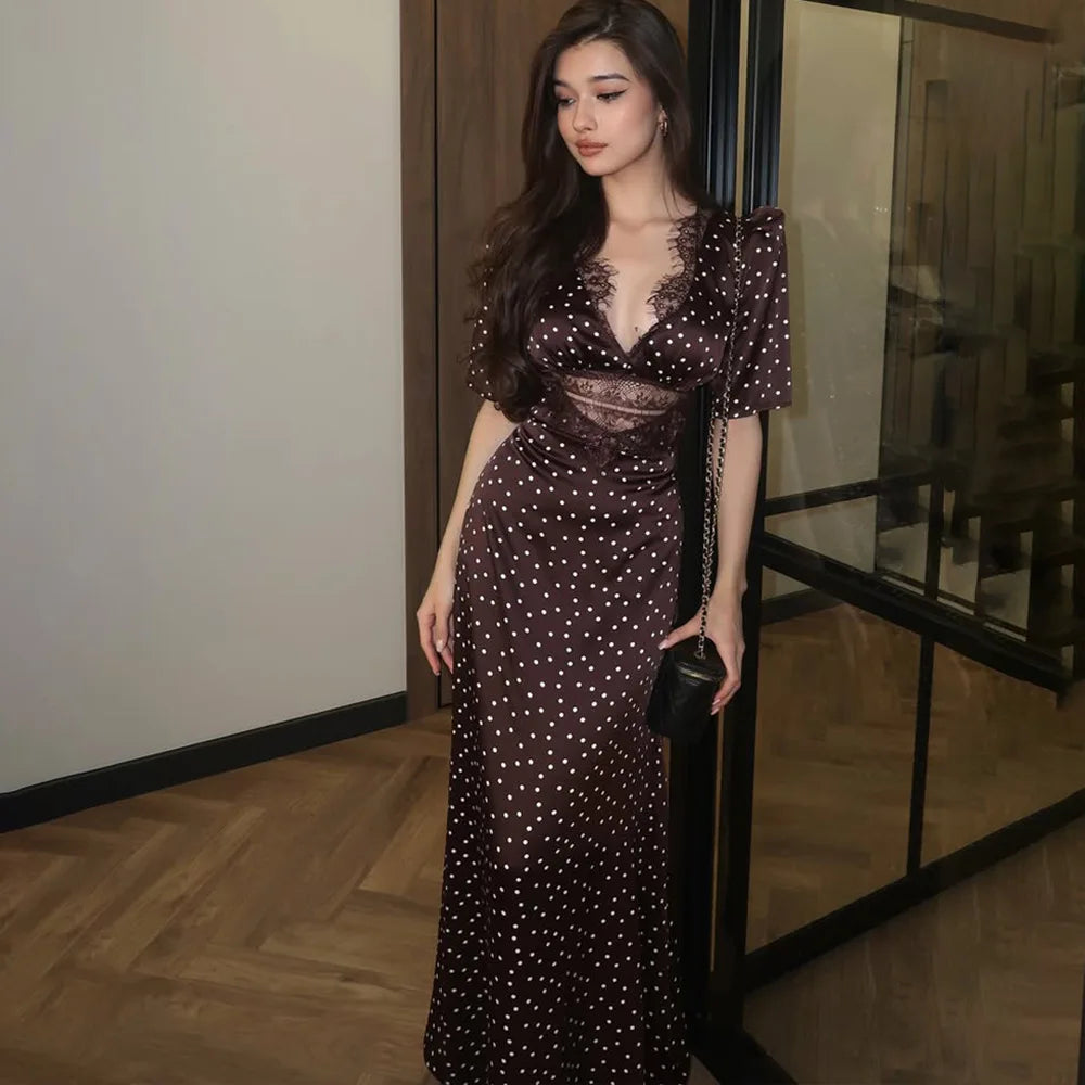 Elegant Women Brown Polka Dot Print Maxi Dress Fashion Short Sleeve Dresses Evening Ladies Street Party Vestidos 2026 Summer