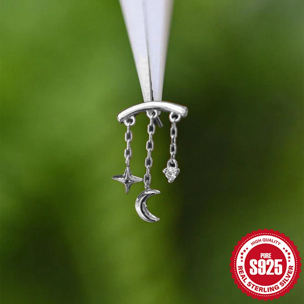 BOAKO Star Moon Chain Tassel  925 Sterling Silver Shiny For Woman Piercing Earring Fashion Dainty Luxury Style fine jewelry