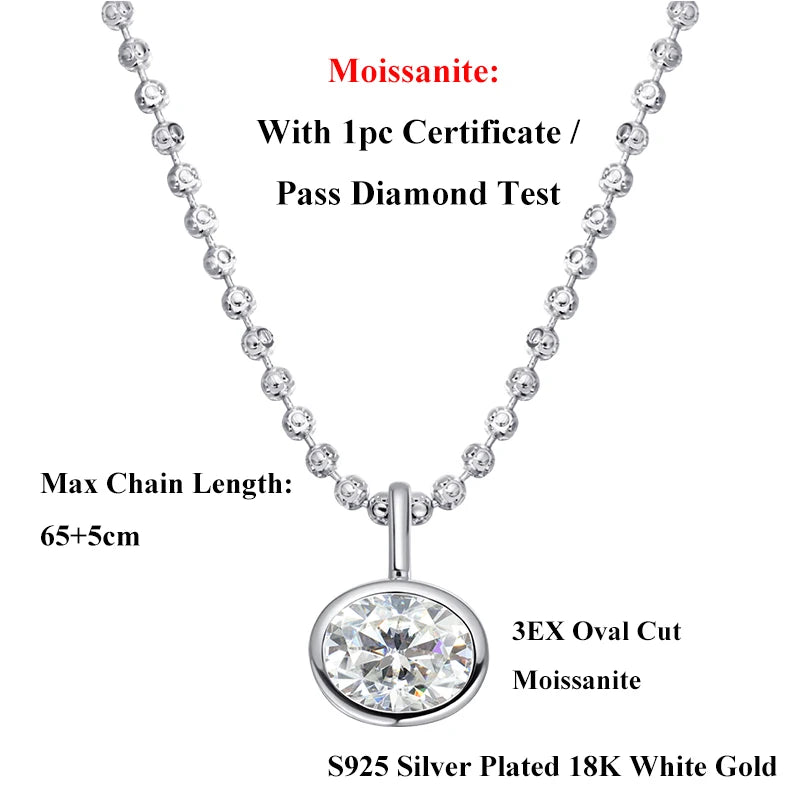 EWYA Oval Cut 2/3/4ct Solitaire Moissanite Pendant Necklaces Women Wedding s925 Silver 1.5mm Solid Choker Big Diamond Neck Chain