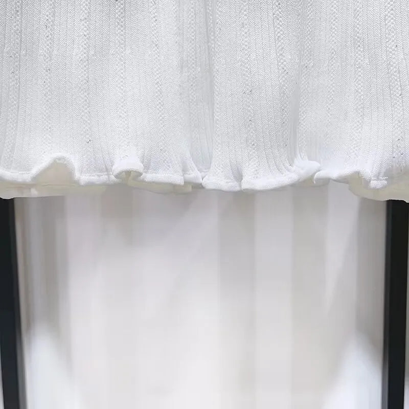 2024 Spring New Arrive Knitted Women Sequins Mini Dress Short Sleeve Turn Down Collor Ruffles Hem Lady Dress