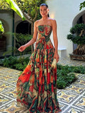 Pleated Waist Strapless Dress Women's New Printed Colorful Long Gown Elegant Fashionable Summer Vacation Party Robe 2025