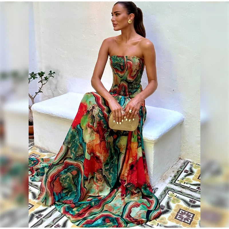 Pleated Waist Strapless Dress Women's New Printed Colorful Long Gown Elegant Fashionable Summer Vacation Party Robe 2025