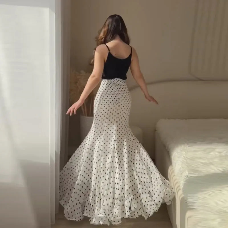 Women Dress Polka Dot Chiffon Maxi Skirt High Waist Ruffle Hem Flared Skirt Elegant Casual Beach Vacation Streetwear For Ladies