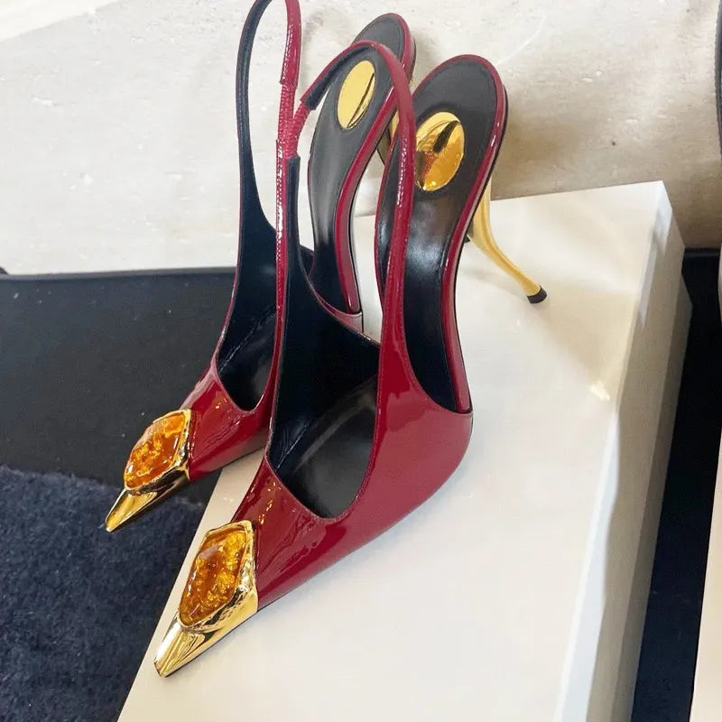 Gem Embellished Metal Toe Slinbacks Pointed Toe Thin High Heels Women's Sandals Summer Slip On Party Wedding Evening Stilettos