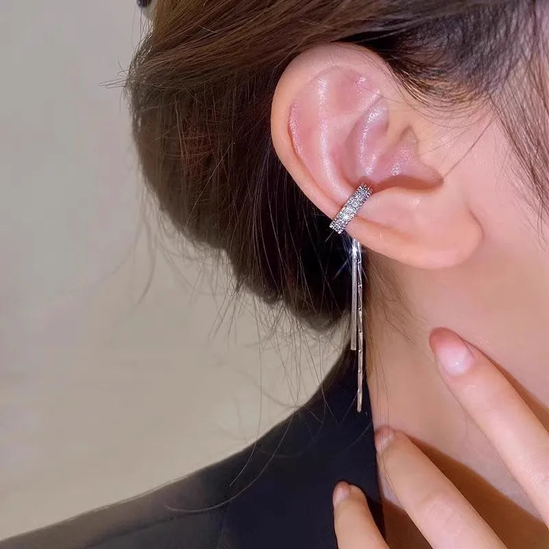 ZAKOL Fashion Crystal Tassel Non-Piercing Cuff Ear Clip Earring For Women Shiny Rhinestone Chain Fake Cartilage Piercing Jewelry