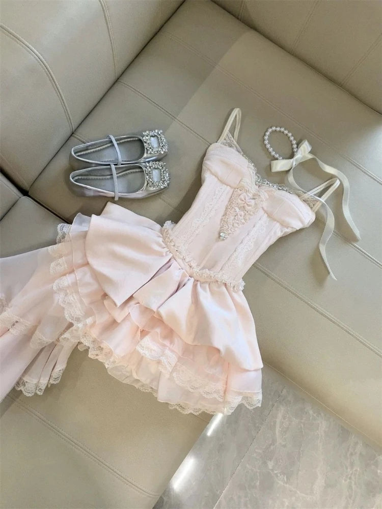 French Vintage Elegant Sweet Woman Dress Sexy Strapless Design Short Party Mini Dress Female Fairy Birthday Party Chic Clothes