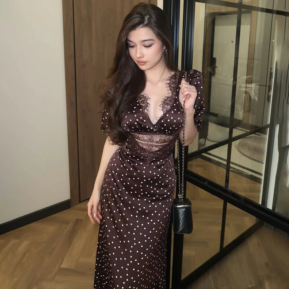 Elegant Women Brown Polka Dot Print Maxi Dress Fashion Short Sleeve Dresses Evening Ladies Street Party Vestidos 2026 Summer
