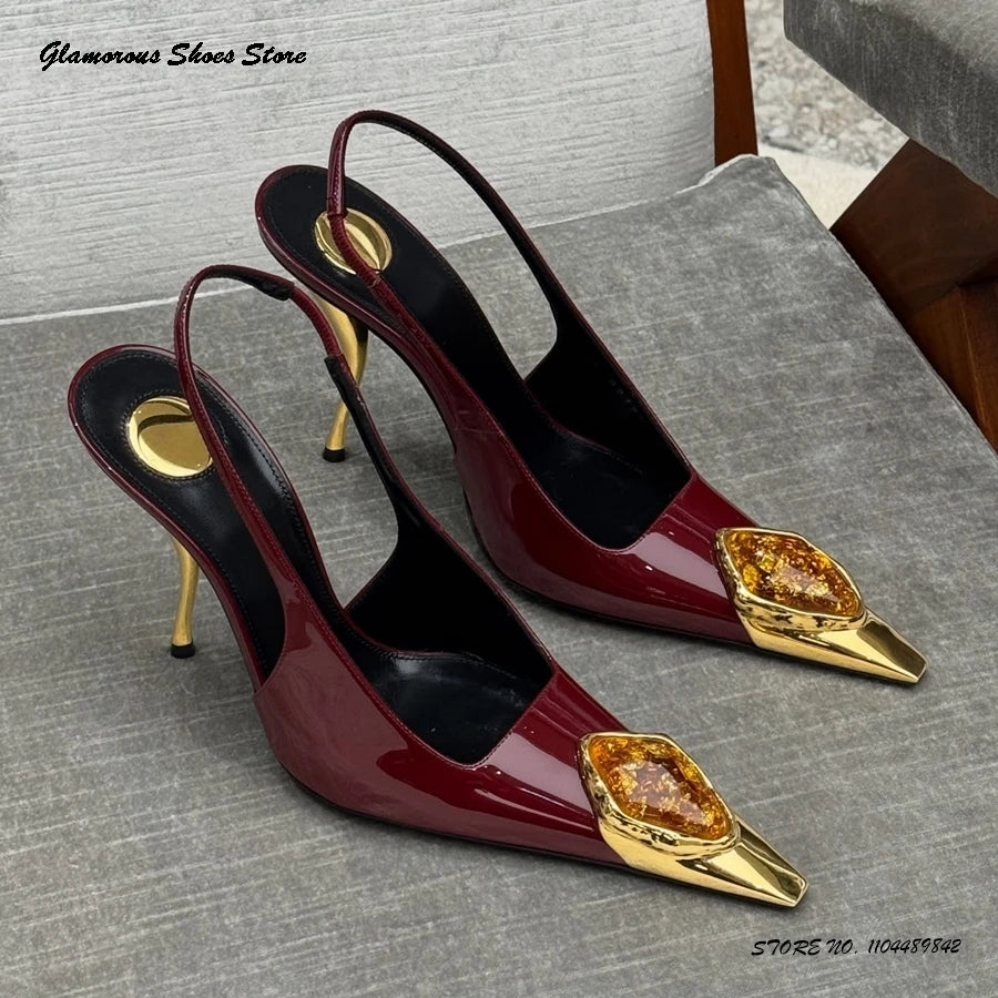 Gem Embellished Metal Toe Slinbacks Pointed Toe Thin High Heels Women's Sandals Summer Slip On Party Wedding Evening Stilettos