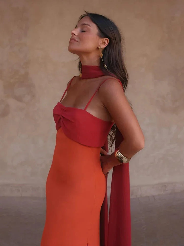 Fashion Women Color Blocking Scarf Collar Sling Dress Sexy Split Waist Cinching Bodycon Maxi Gowns 2026 Lady Club Party Vestidos