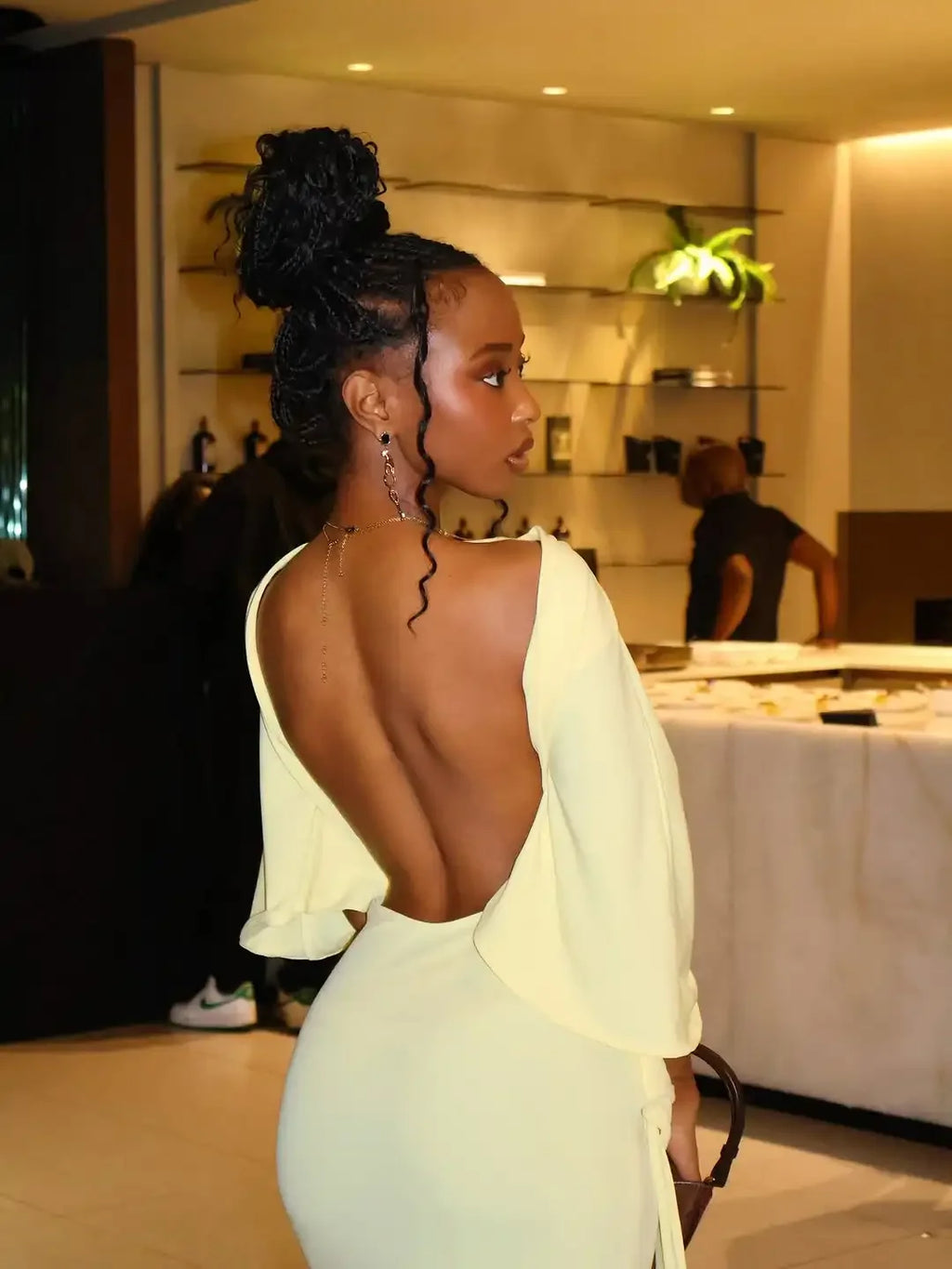 Women Fashion Yellow Backless Slit Dress Half Sleeved Waist Cinched Pleated Lace Up Dresses Lady Evening Party Robe 2026 Spring