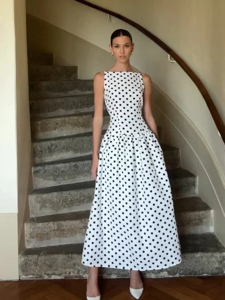 Elegant Solid Polka Dot Pleated Slim Vestido Women Chic Sleeveless Off Shoulder Round Neck Maxi Dresses Summer Dinner Party Wear
