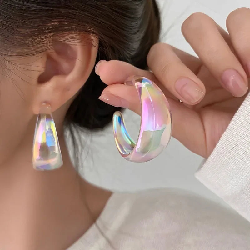 Fashion Korean AB Colors Wide C- Type Hoop Earring Women Vintage Irregular Dangle Earrings For Female Party Jewelry